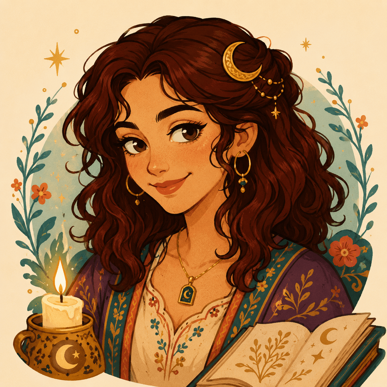 La gardienne des Archives, un grimoire et une bougie à la main, un croissant de lune dans les cheveux